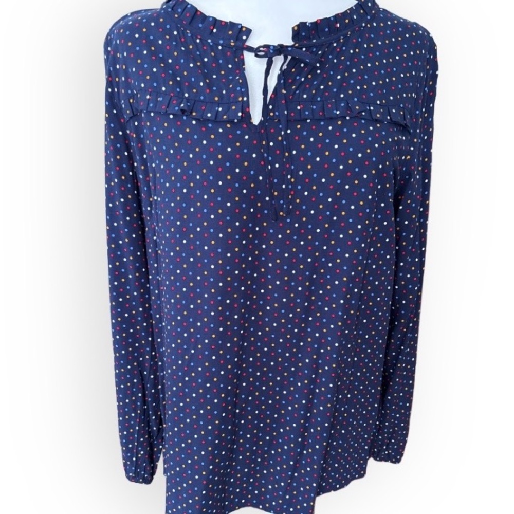 NWT Talbots Navy Blue Multi Popover Tie Neck Top Size L Twee Classic Preppy
